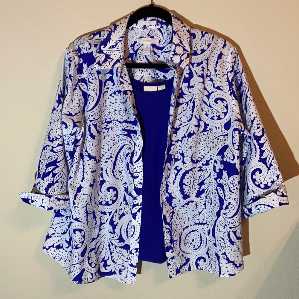 Chico’s No Iron Blue and White Shirt with Tank Top